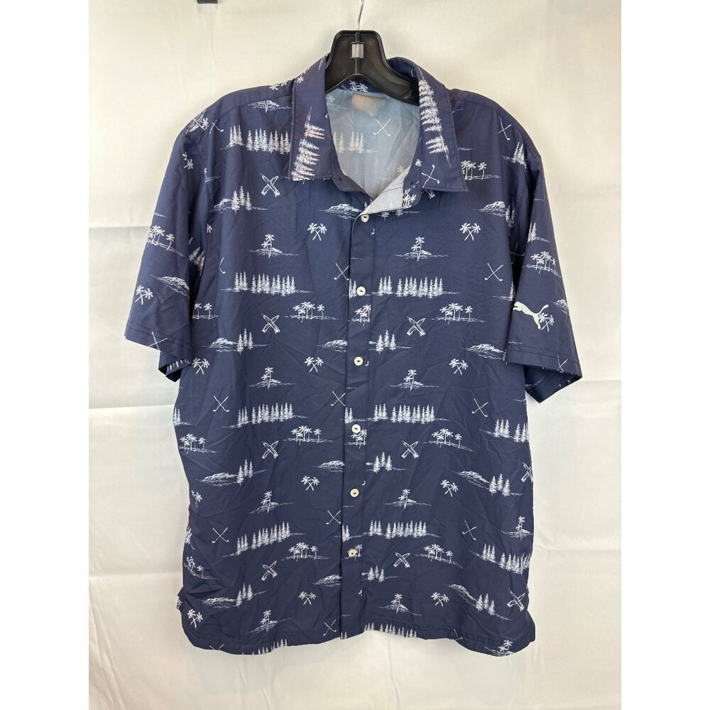 Puma Mens Navy Blue Hawaiian Short Sleeve Button-Up Shirt L